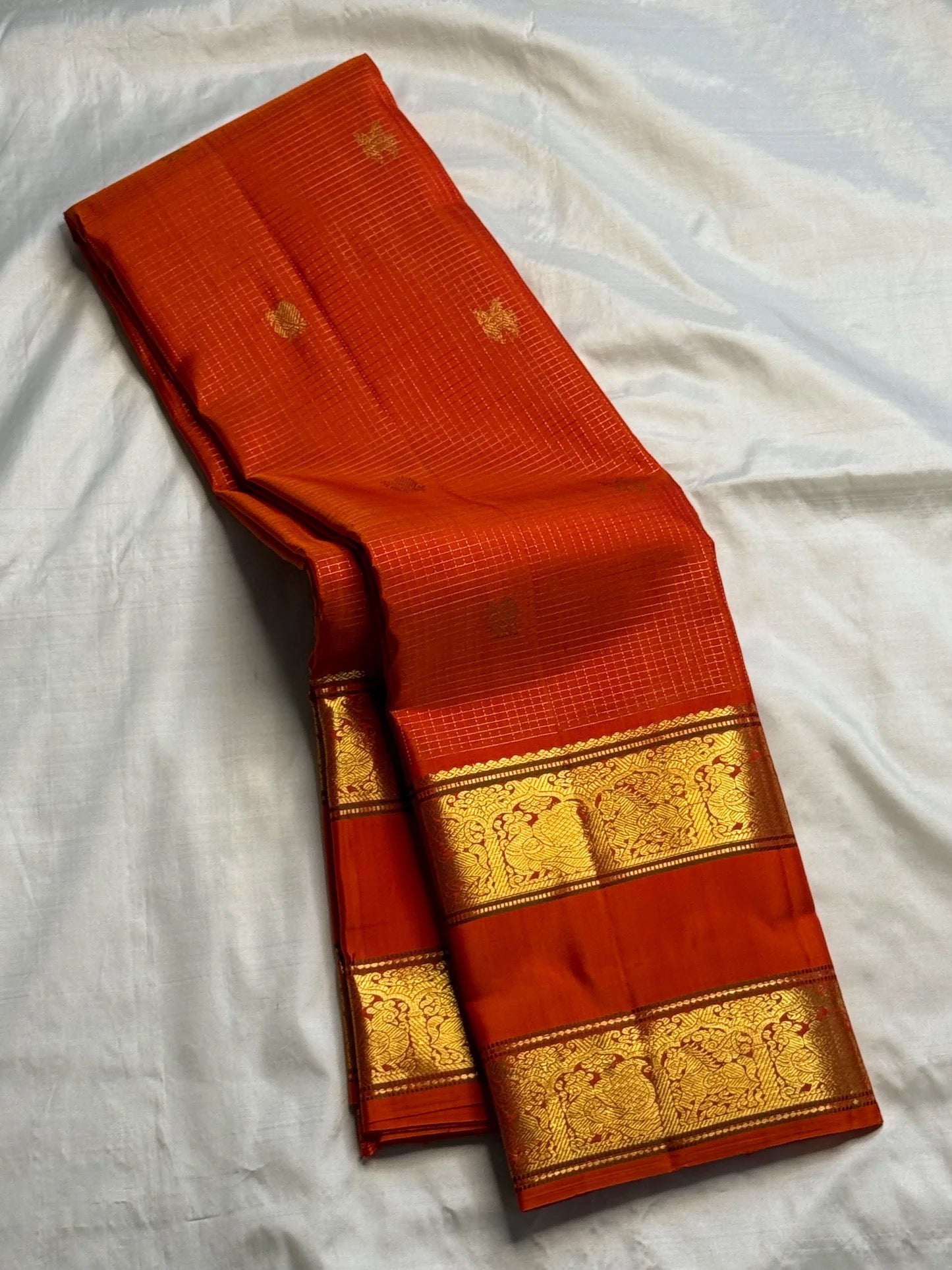 Burnt Orange Kancheepuram silk saree Rettapet border with horse zari motif
