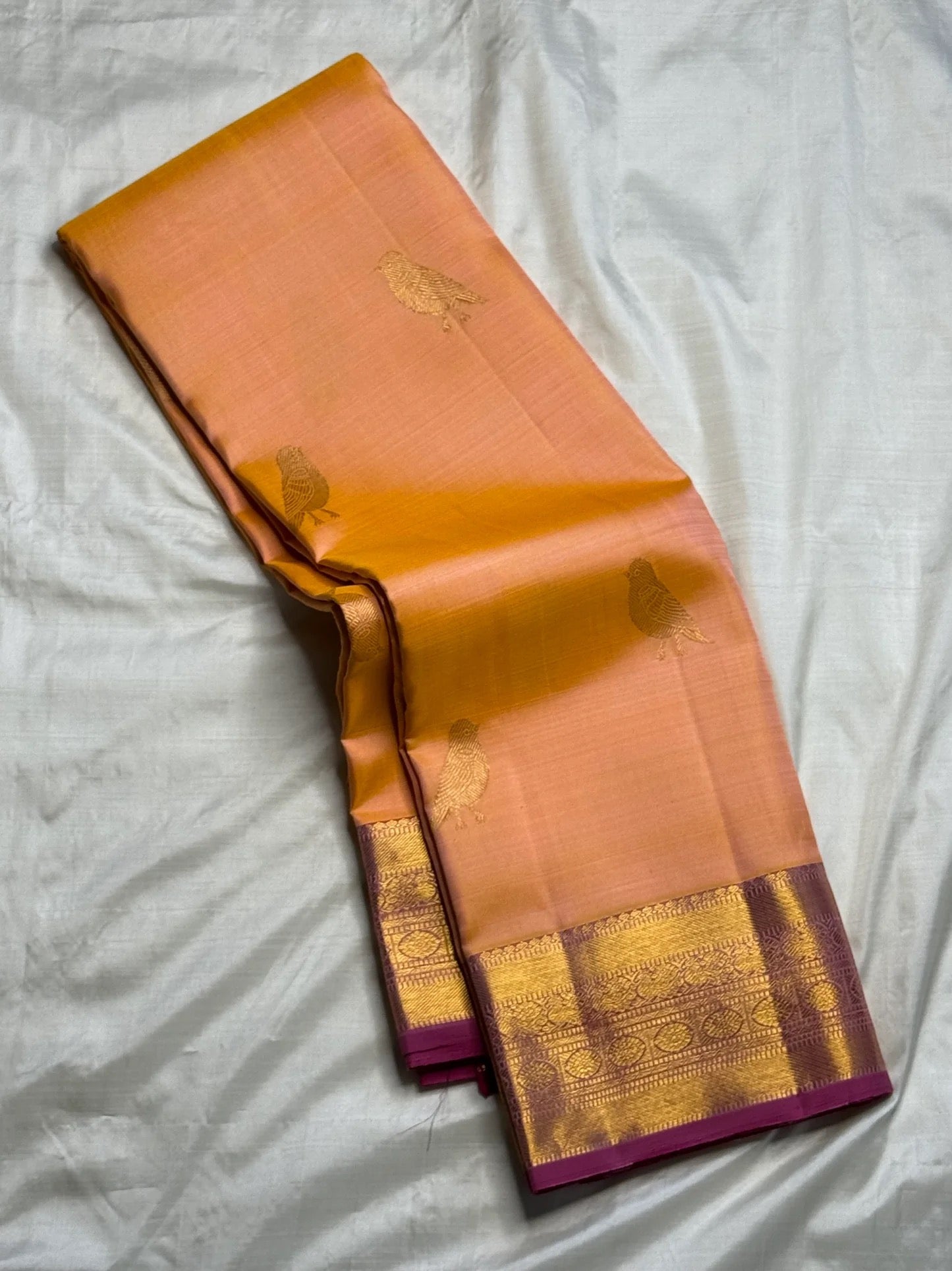 Orchid purple zari border on peach Kanjeevaram silk saree – Idam Living