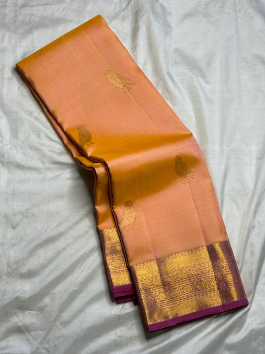 Orchid purple zari border on peach Kanjeevaram silk saree – Idam Living
