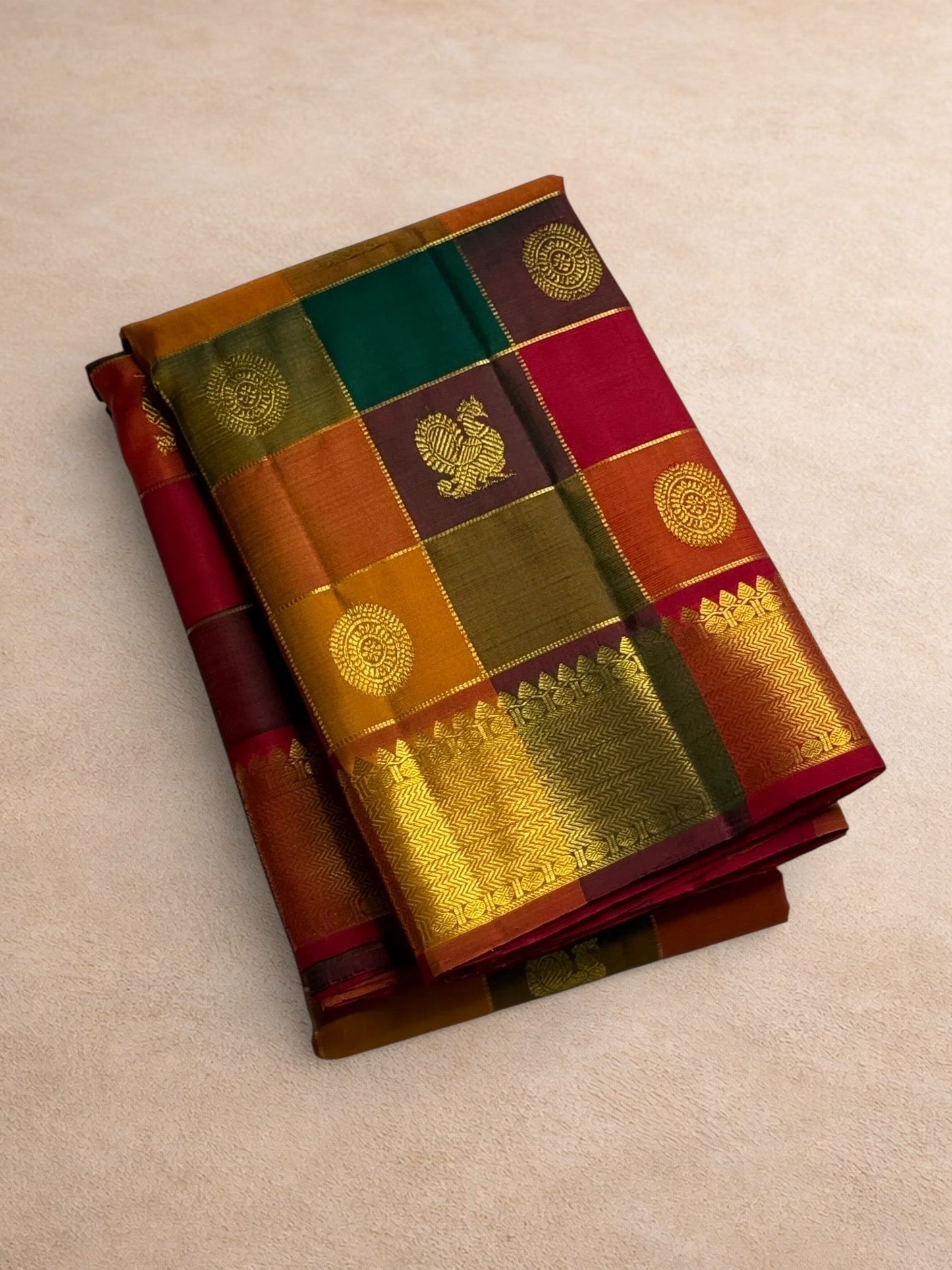 Multicolour Paalum Pazhamum pure Kanchipuram silk saree folded view with antique gold zari border