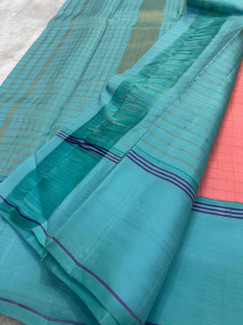 Blush Rose and Aqua Blue Kanchipuram Silk Saree – Pastel Drape View