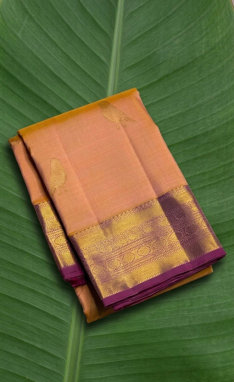 Peach apricot Kanchipuram pure silk saree with kuruvi butta and orchid purple border – Idam Living