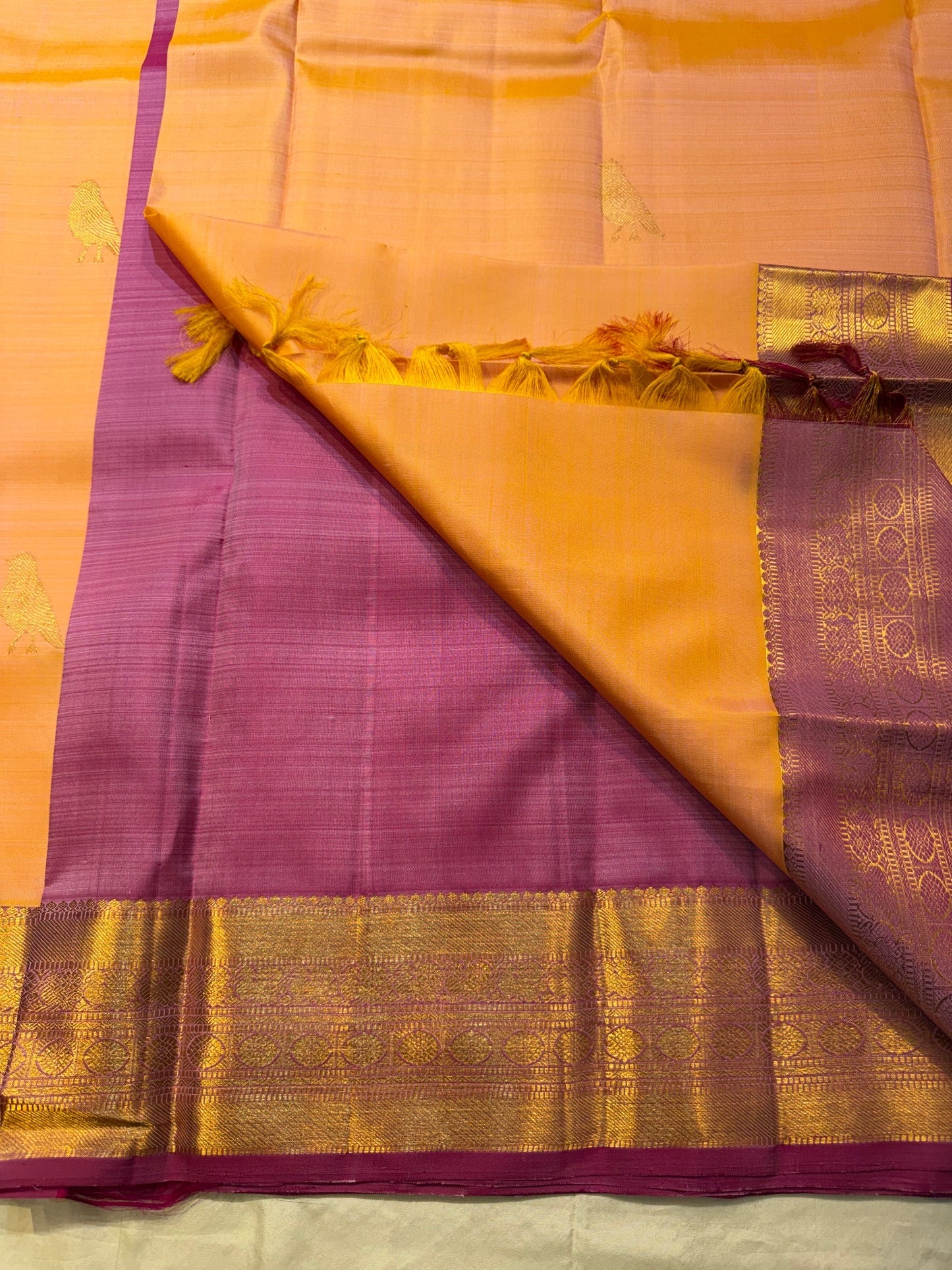 Peach Kancheevaram silk saree with heritage bird motif buttas – Idam Living