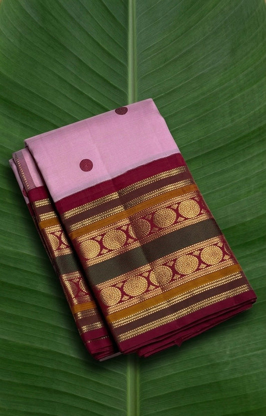 Petal Pink and Orchid Pink Handwoven Pure Silk Kanchipuram Saree with Pavun Butta Varisaipet Border