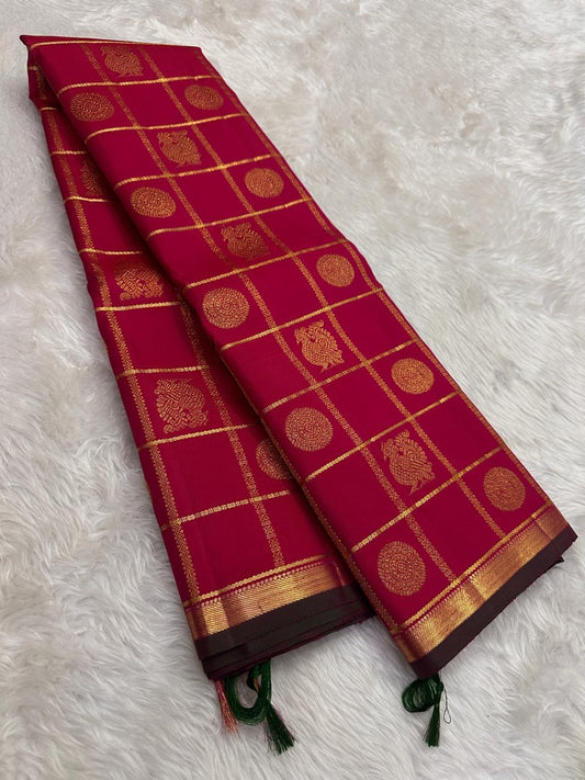 Shot pink and red Kanjivaram silk saree with traditional zari grid and woven motifs