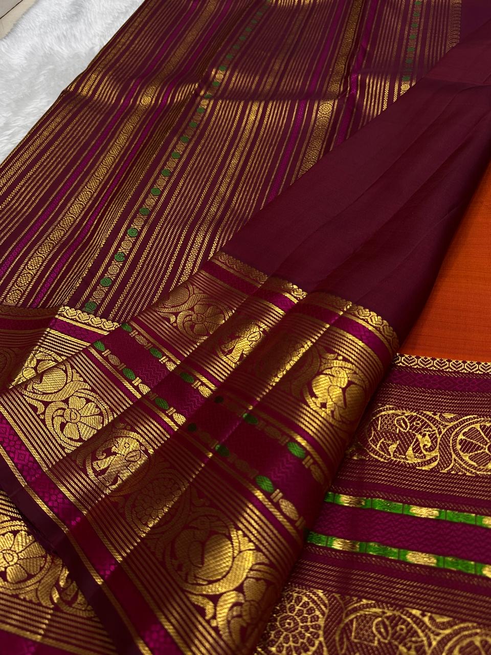 Burnt Terracotta and Jamun Purple Kanchipuram Silk Saree – Sorgavaasal Yaanai Design
