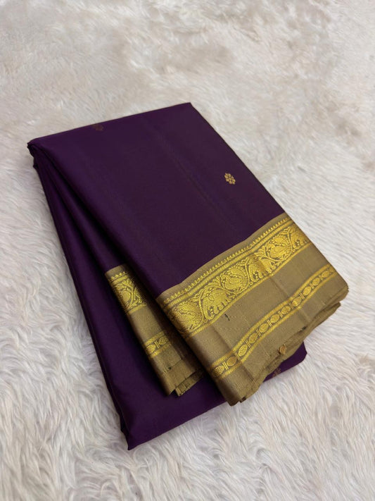 Purple and Gold Handwoven Pure Silk Kanchipuram Saree with Elephant Zari Border.