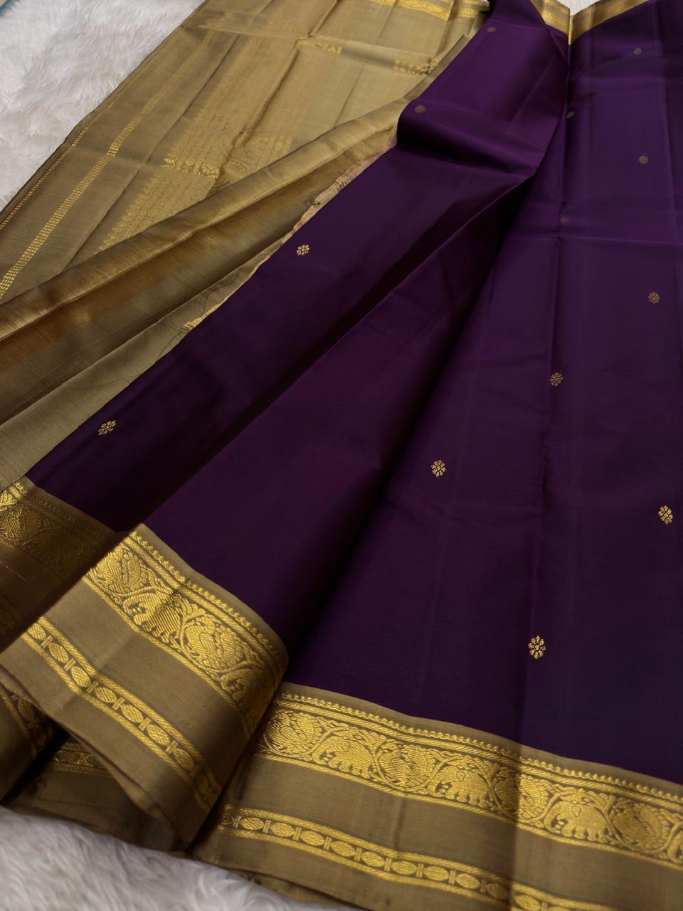Purple and Gold Handwoven Pure Silk Kanchipuram Saree with Elephant Zari Border.