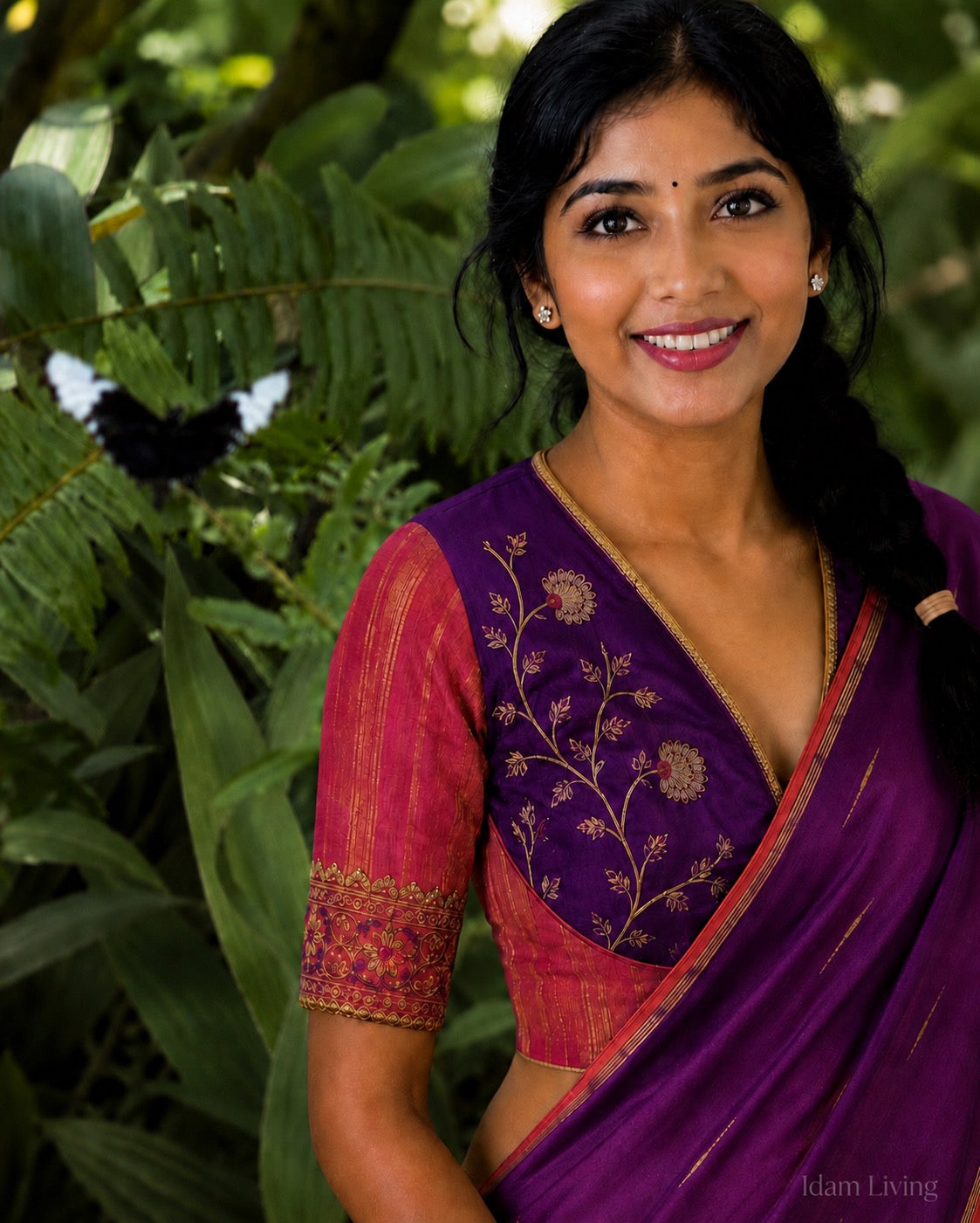 Magenta Violet Handwoven Pure Silk Kanjeevaram Saree with Malli Moggu Buttas and Coral Orange Pallu