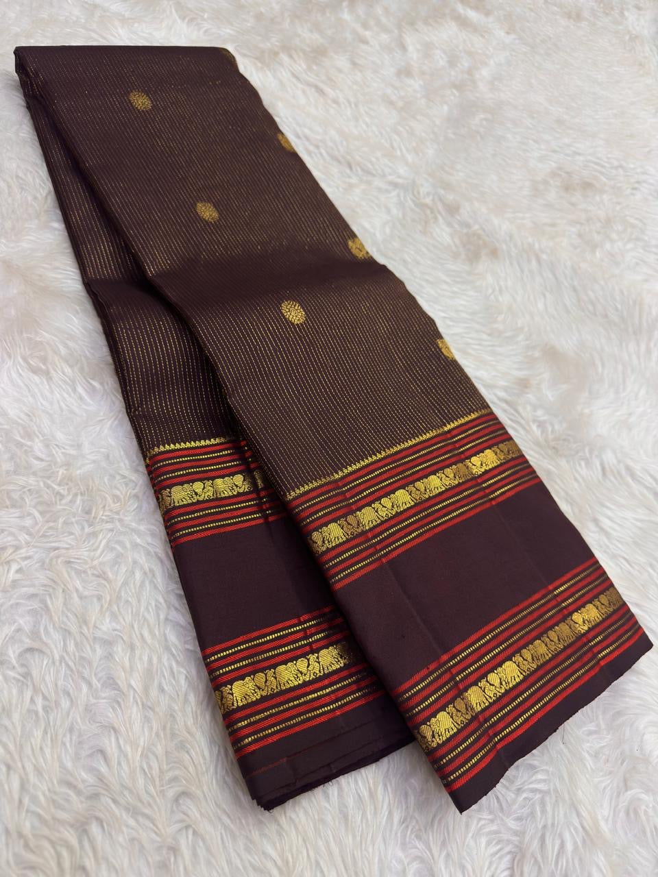 Deep Cocoa Brown and Crimson Red Handwoven Pure Silk Kanchipuram Saree with Oosi Vaanam Rettapet Border