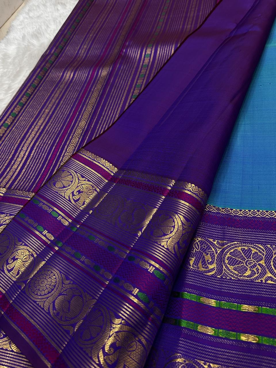 Royal Azure Blue and Orchid Purple Kanchipuram Silk Saree – Rich Pallu View