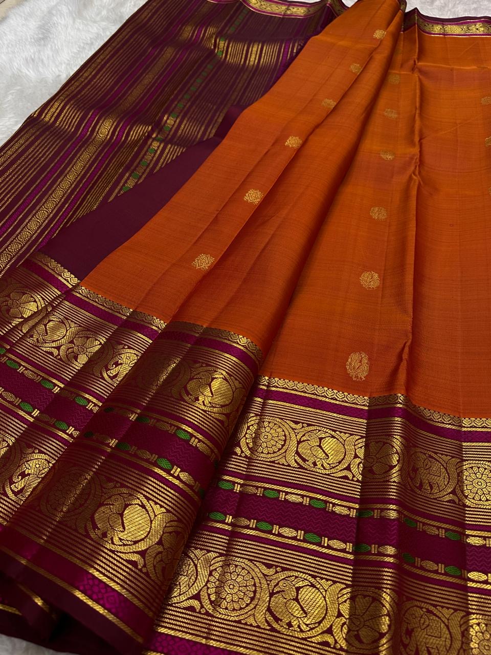 Burnt Terracotta and Jamun Purple Kanchipuram Silk Saree – Rich Zari Border Closeup