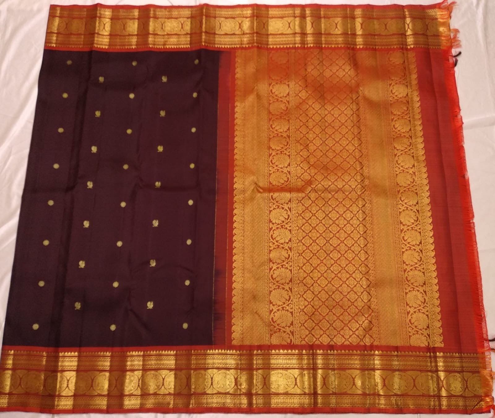 Paaku Brown and Vermillion Red Kanchipuram Silk Saree – Rich Zari Border Detail