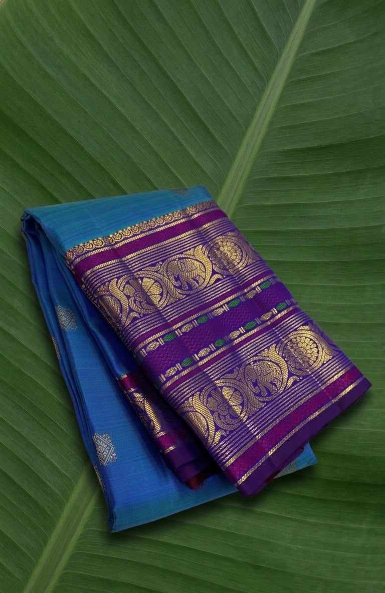 Royal Azure Blue and Orchid Purple Handwoven Pure Silk Kanchipuram Saree with Sorgavaasal Yaanai Korvai Border