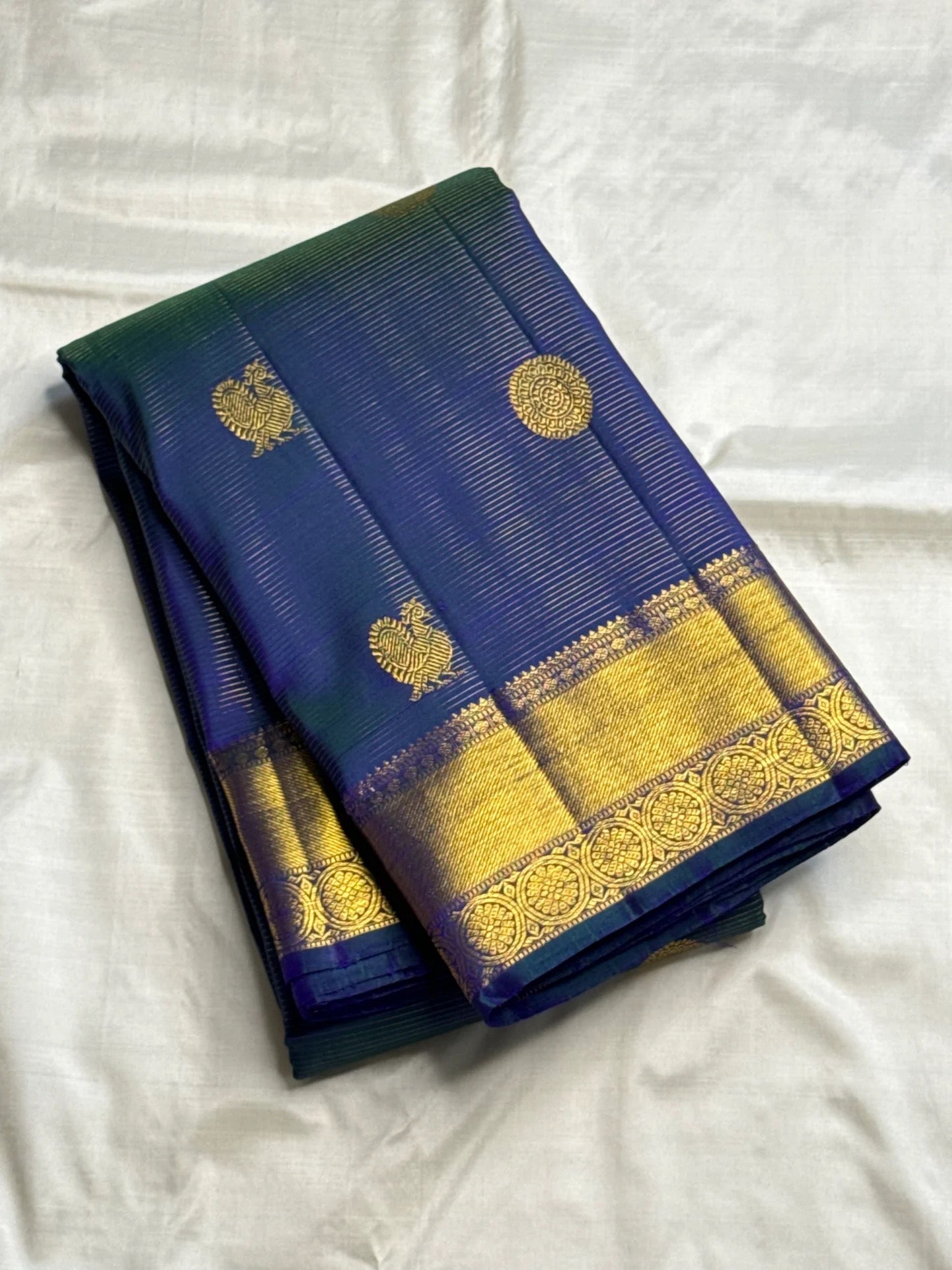 Peacock Blue Handwoven Pure Silk Kanchi Pattu Saree with Vairaoosi Gold Zari Peacock Motifs