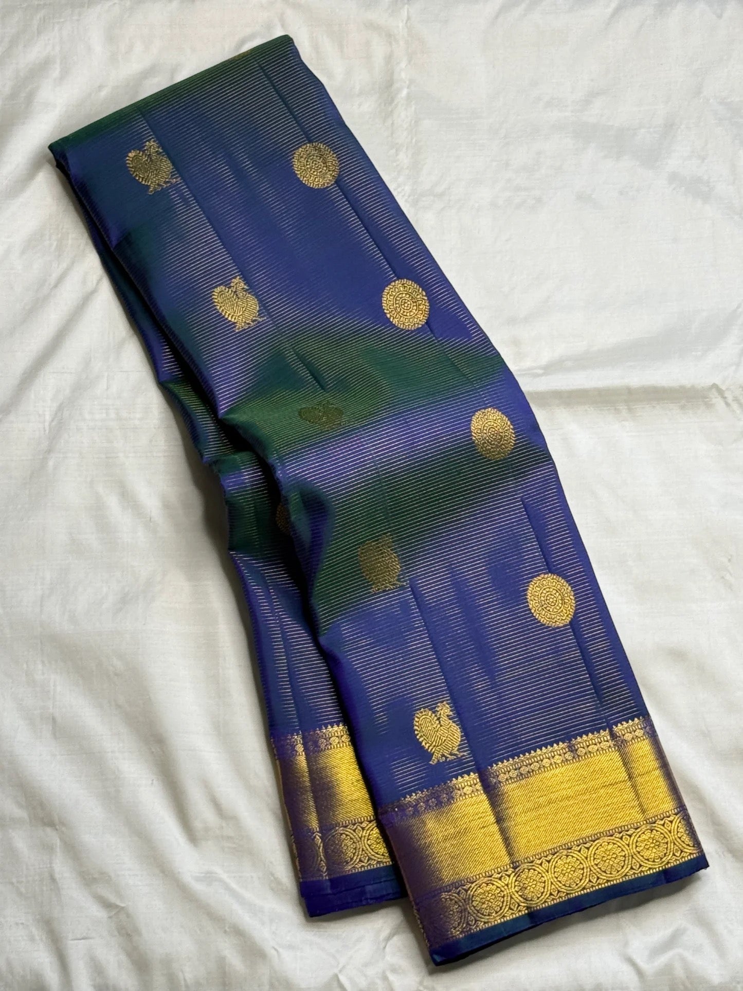 Peacock Blue Handwoven Pure Silk Kanchi Pattu Saree with Vairaoosi Gold Zari Peacock Motifs