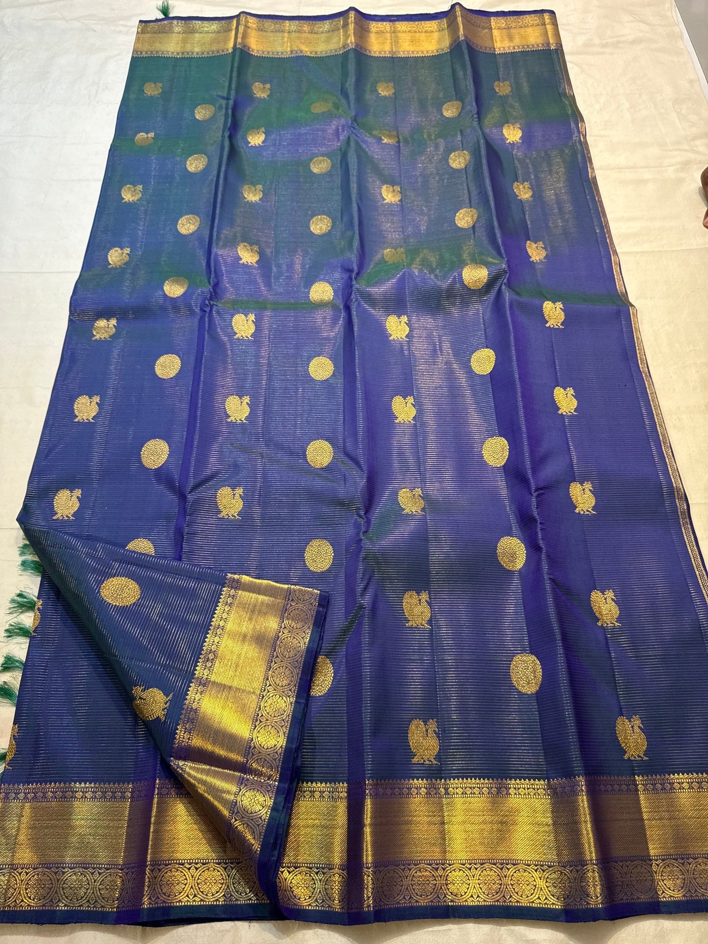 Peacock Blue Handwoven Pure Silk Kanchi Pattu Saree with Vairaoosi Gold Zari Peacock Motifs