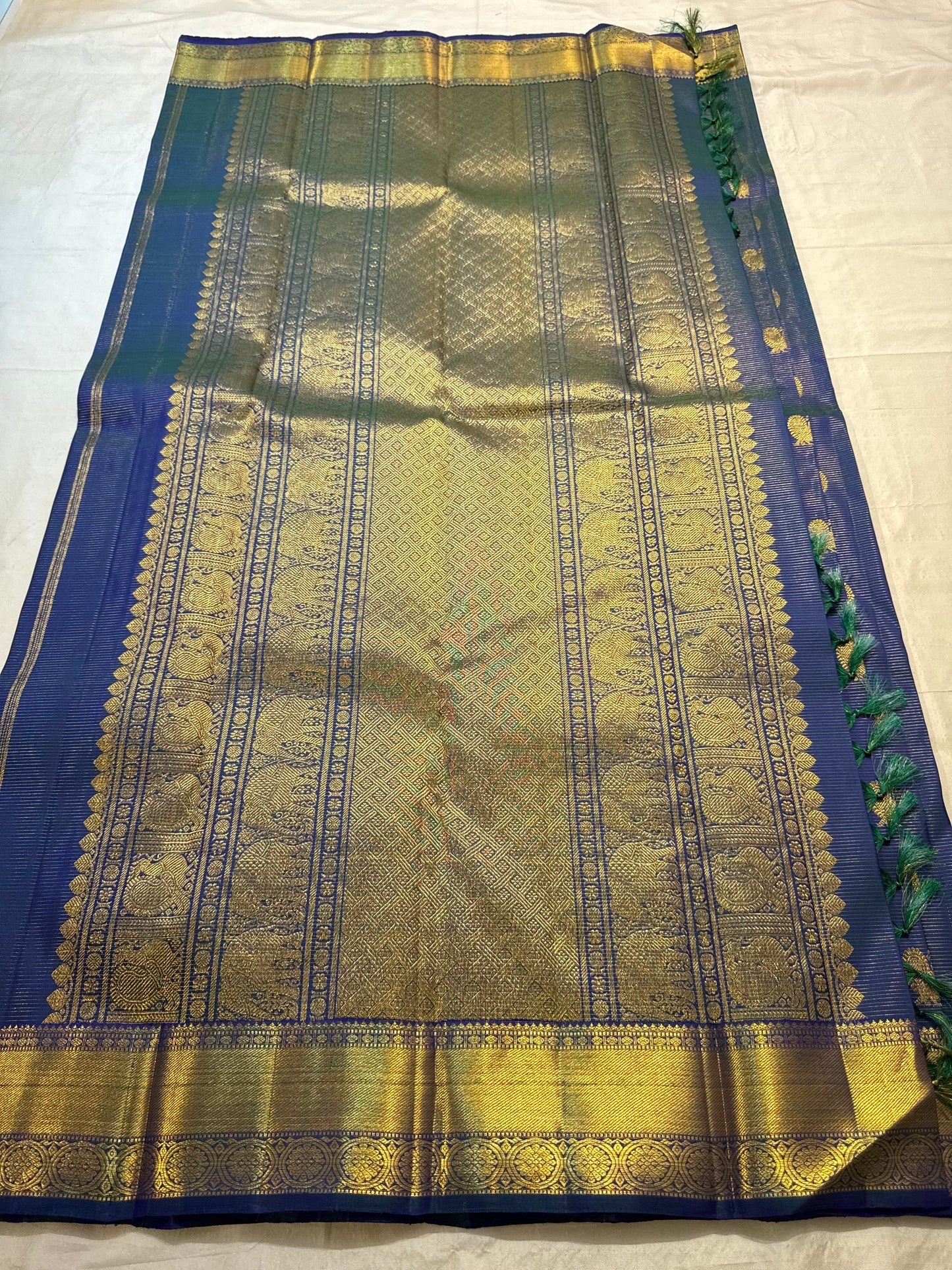 Peacock Blue Handwoven Pure Silk Kanchi Pattu Saree with Vairaoosi Gold Zari Peacock Motifs