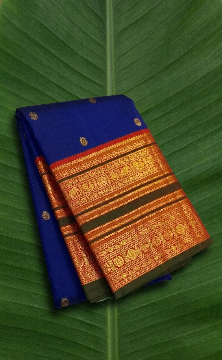 Royal Cobalt Blue and Antique Gold Handwoven Pure Silk Kanchipuram Saree with Traditional Zari Korvai Border