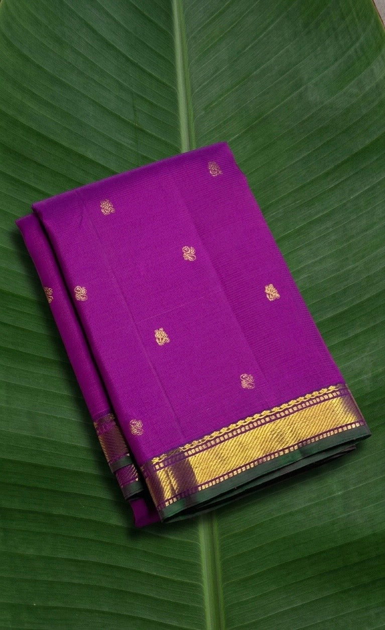 Royal orchid purple Pure Kanchipuram silk saree with emerald green zari border and seer pallu, available in the USA