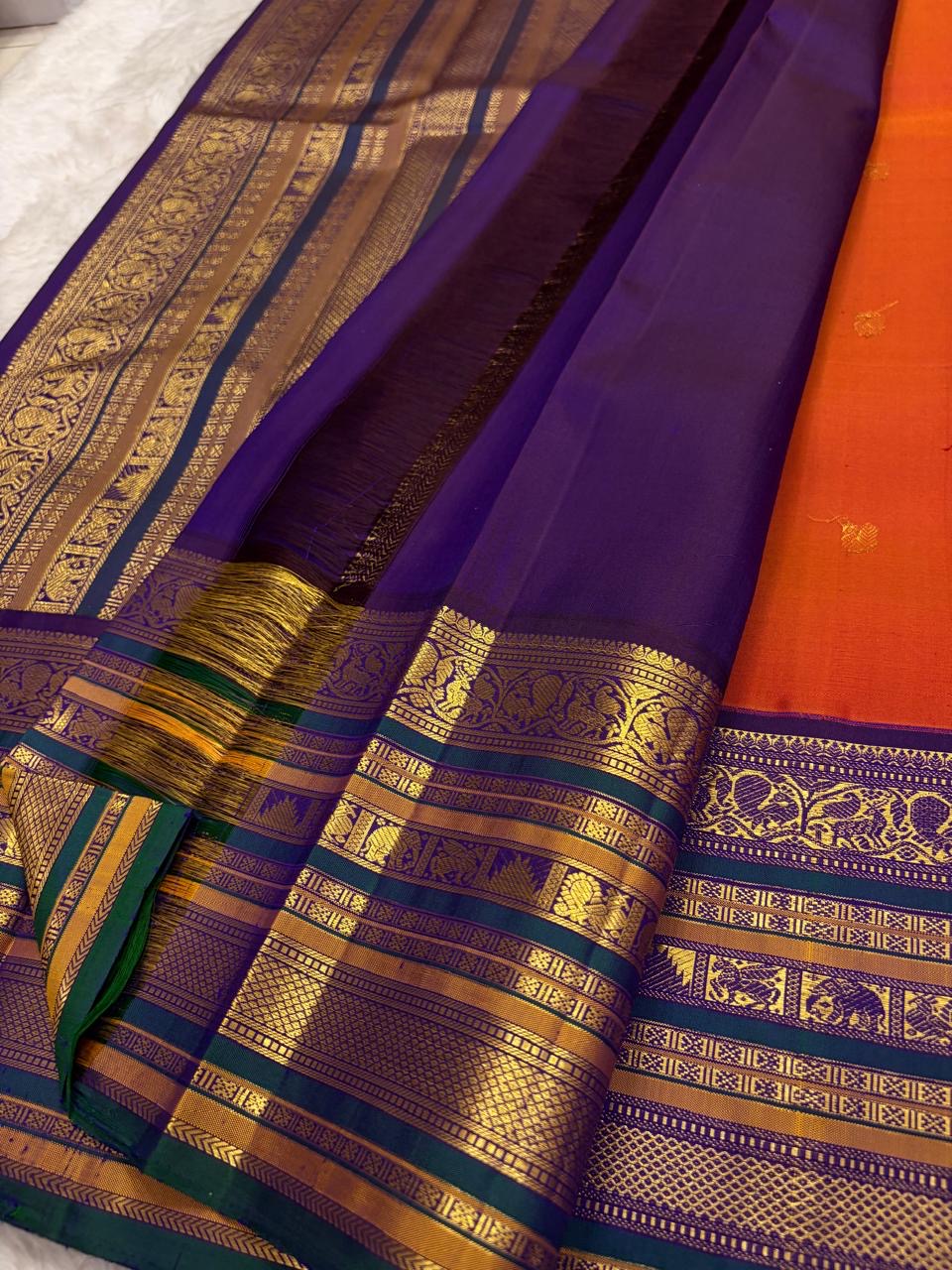 Burnt Rust and Violet Handwoven Korvai Kanchipuram Silk Saree