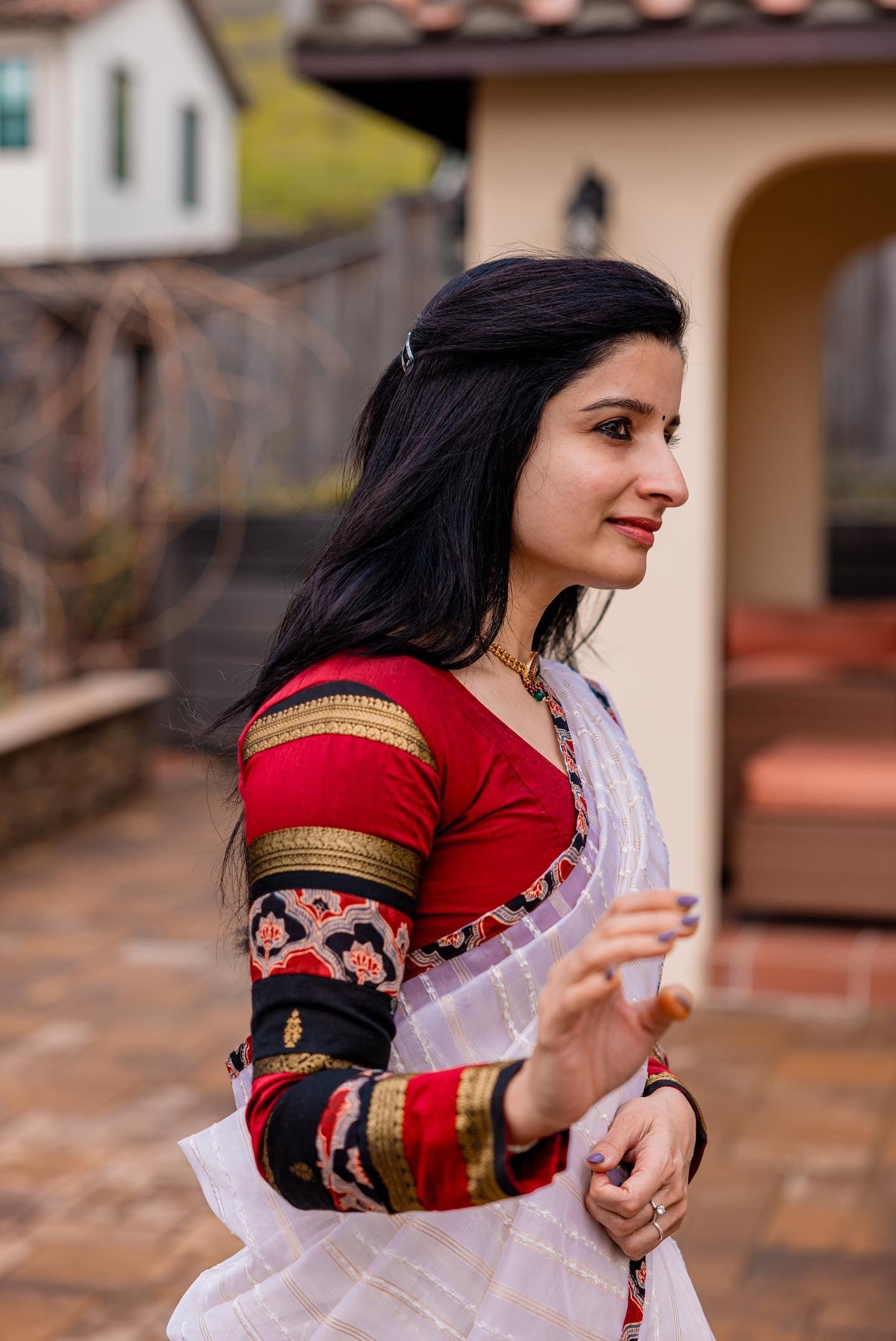 Small batch red and black Indian designer blouse with kalamkari and ajrakh sleeve detailing