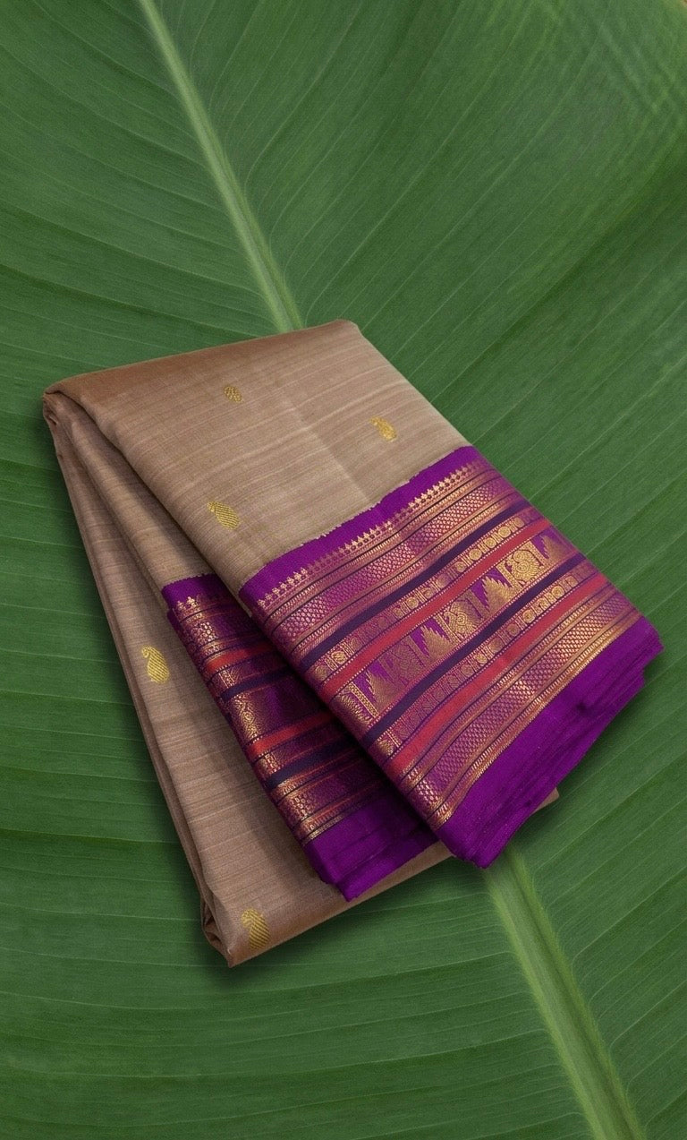 Sandal Taupe and Royal Violet Handwoven Pure Silk Kanchipuram Saree with Traditional Zari Korvai Border