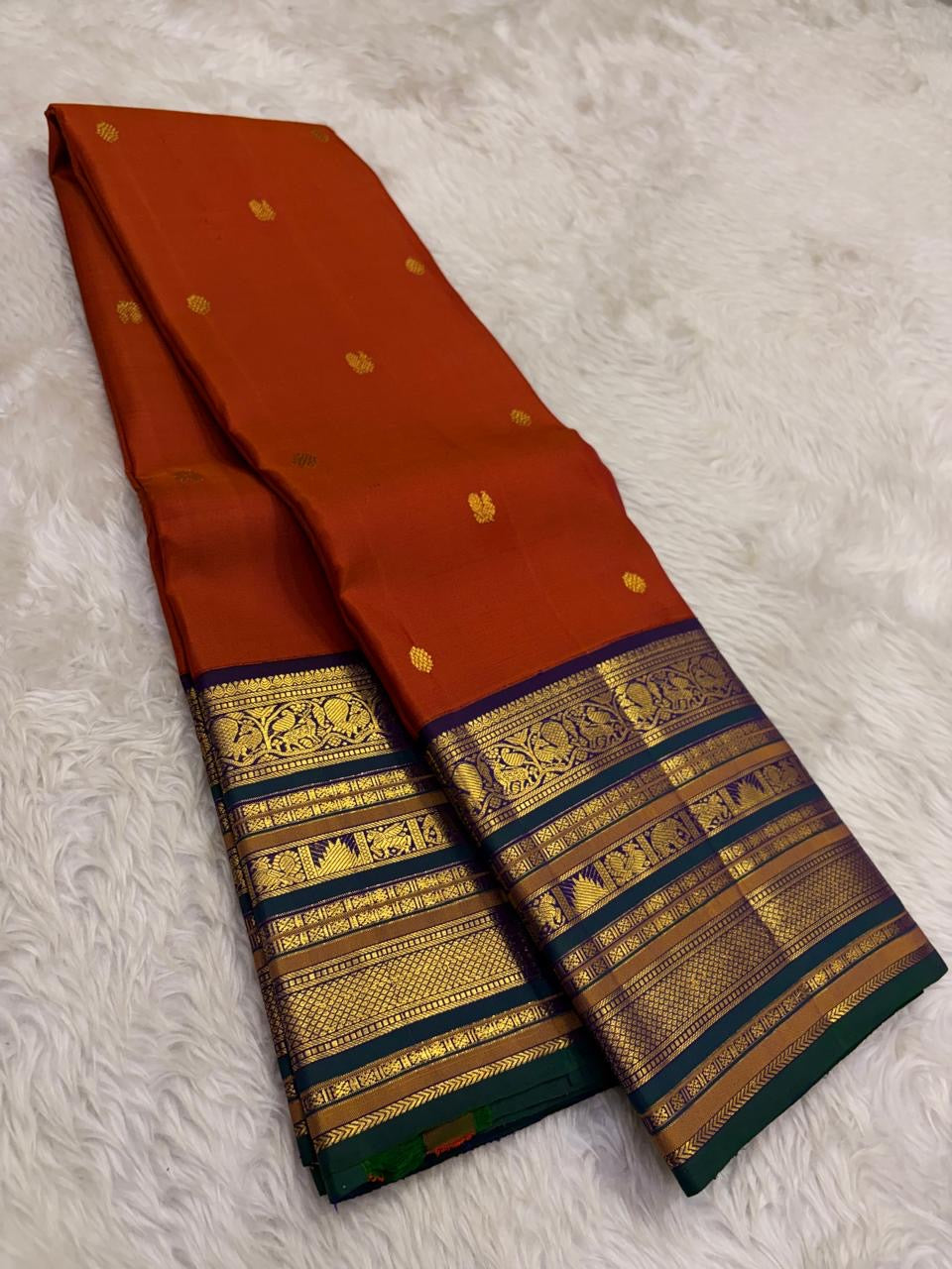 Burnt Rust and Violet Kanchipuram Silk Saree – Silk Mark Certified