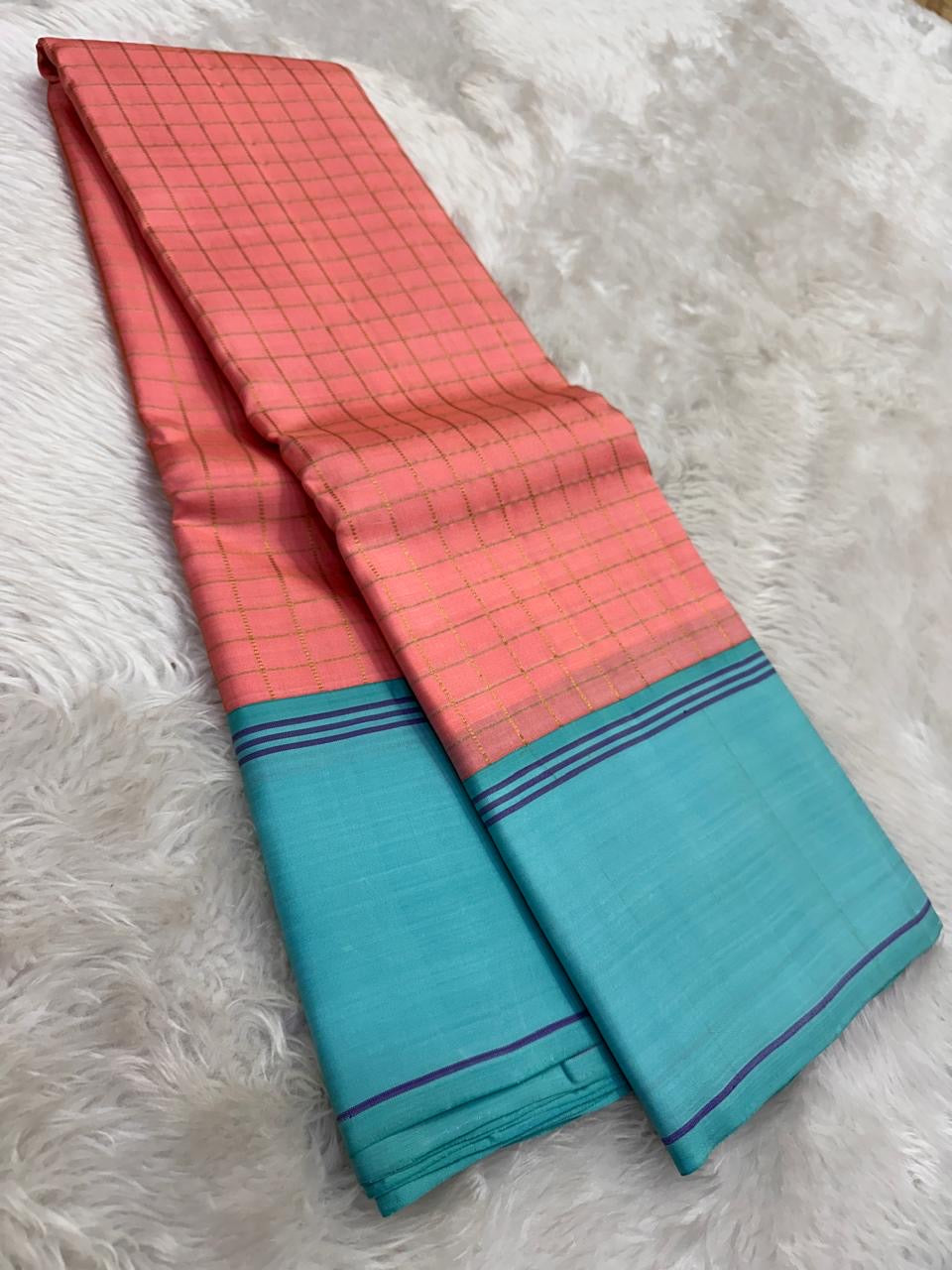 Blush Rose and Aqua Blue Kanchipuram Silk Saree – Silk Mark Certified