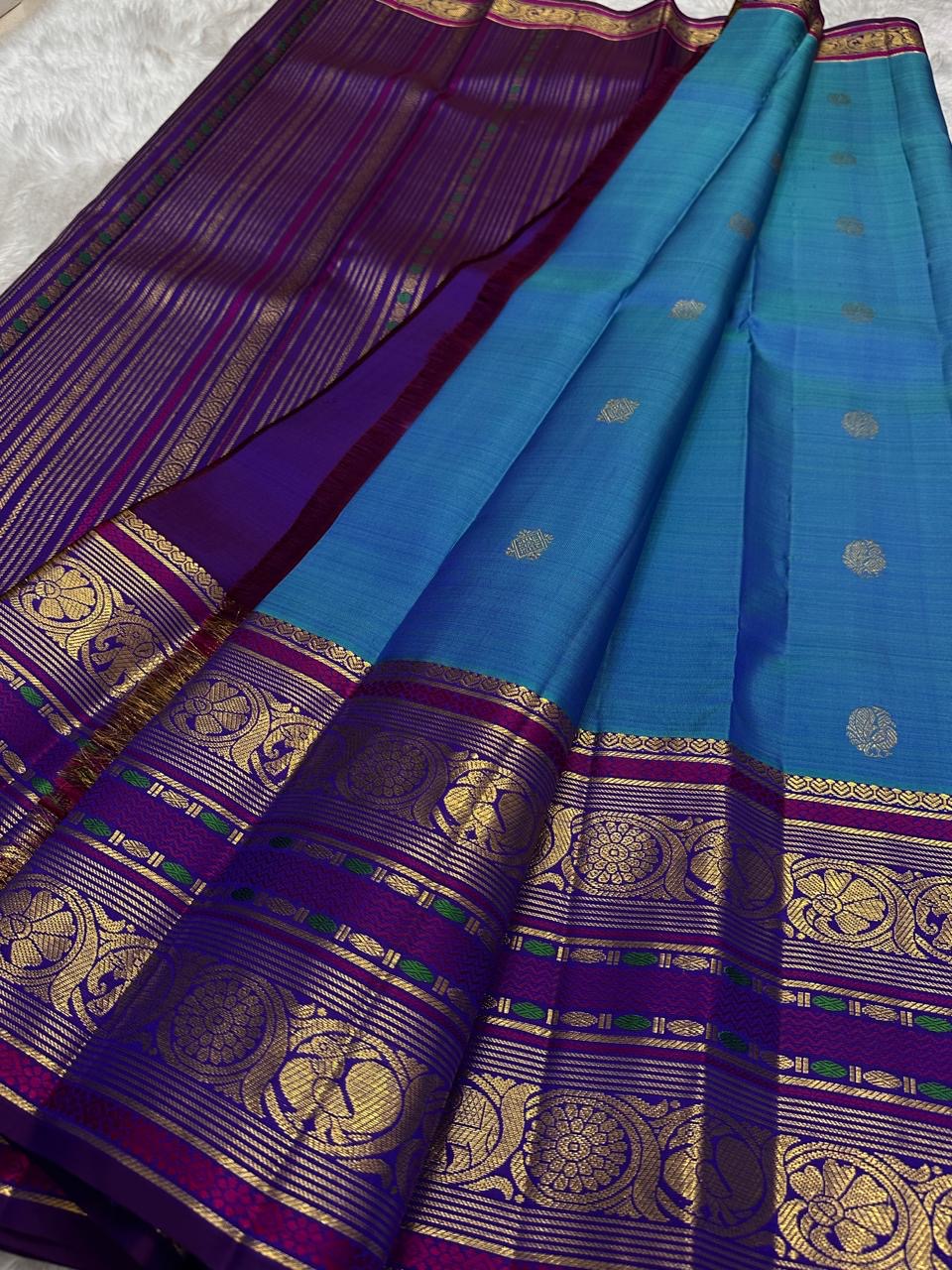 Royal Azure Blue and Orchid Purple Kanchipuram Silk Saree – Silk Mark Certified