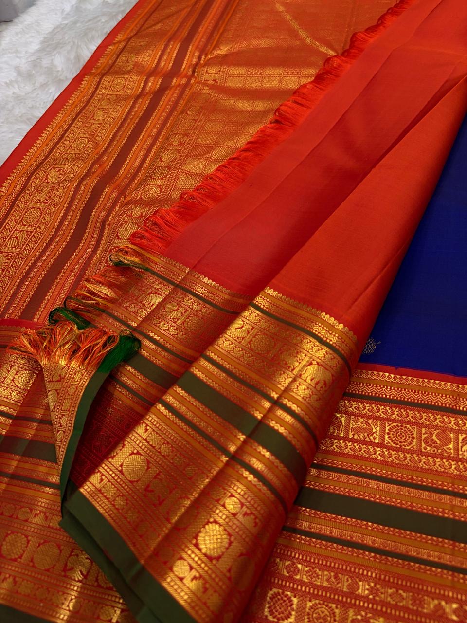 Royal Cobalt Blue and Antique Gold Kanchipuram Silk Saree – Silk Mark Certified