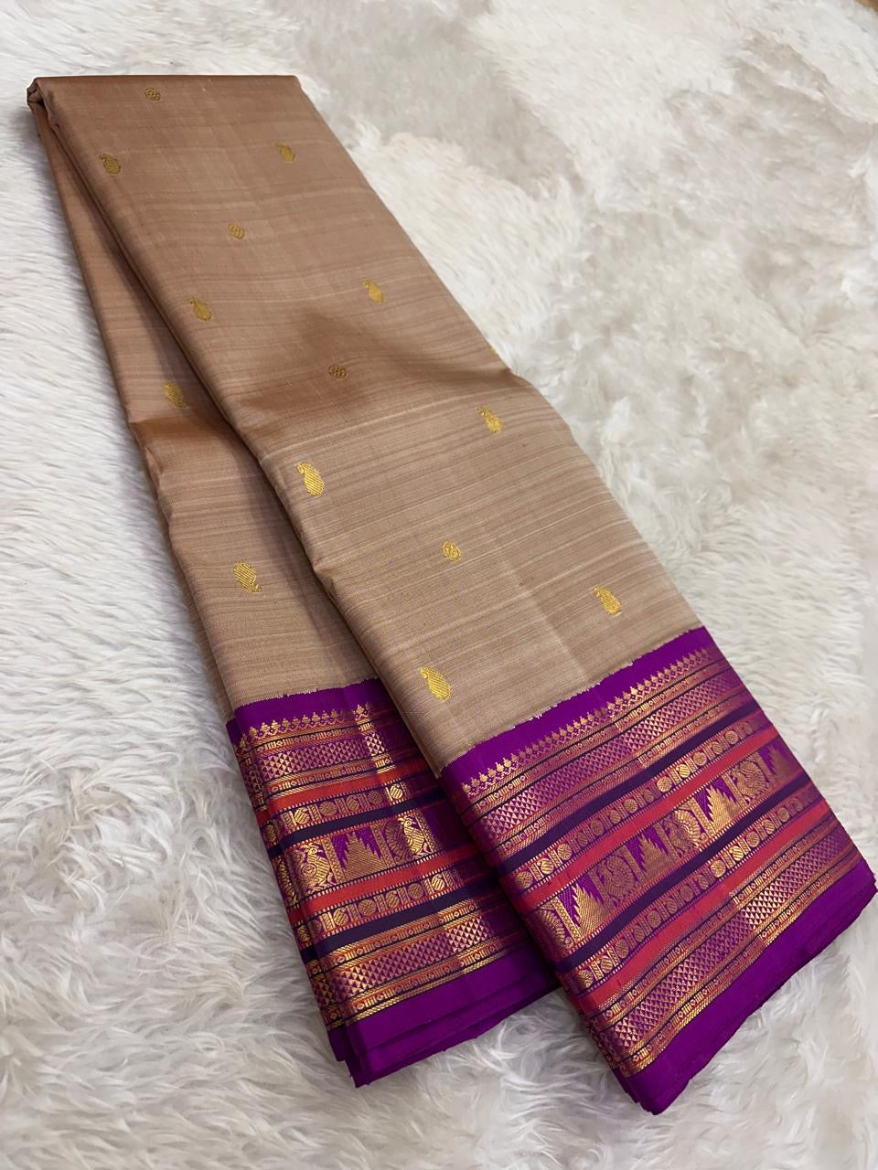 Sandal Taupe and Royal Violet Kanchipuram Silk Saree – Silk Mark Certified