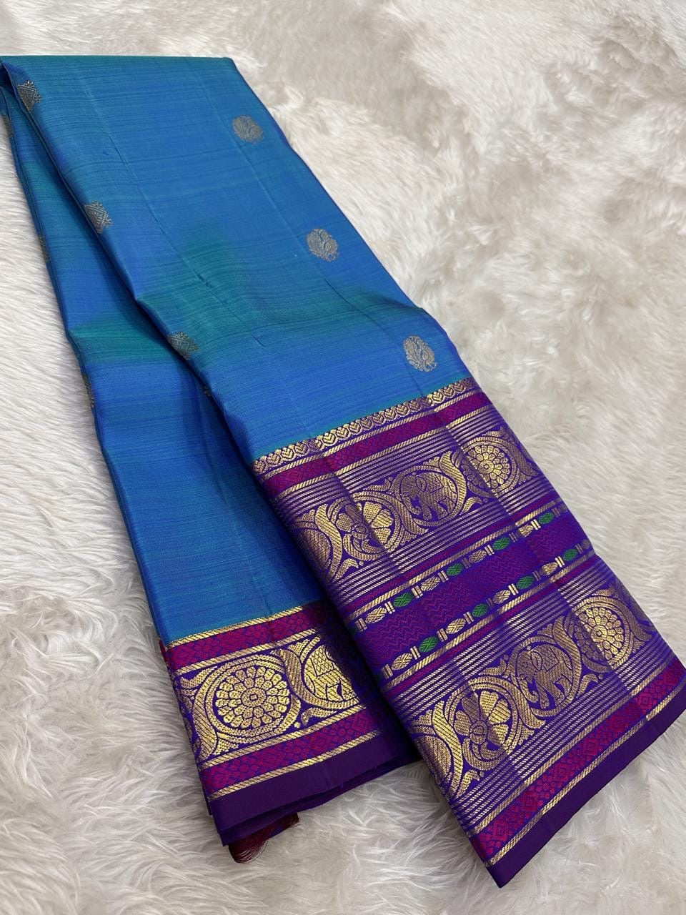 Royal Azure Blue and Orchid Purple Kanchipuram Silk Saree – Sorgavaasal Yaanai Border Detail