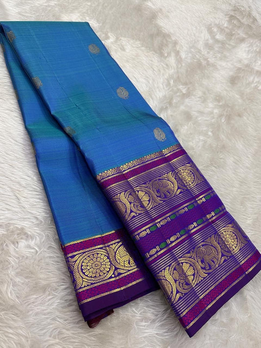 Royal Azure Blue and Orchid Purple Kanchipuram Silk Saree – Sorgavaasal Yaanai Border Detail