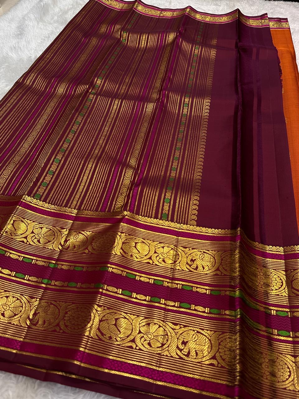 Burnt Terracotta and Jamun Purple Handwoven Korvai Kanchipuram Silk Saree
