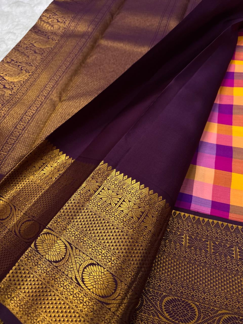 Jewel Checks Handwoven Pure Silk Kanchipuram Kanchi Kattam Saree with Peacock Border – view 3