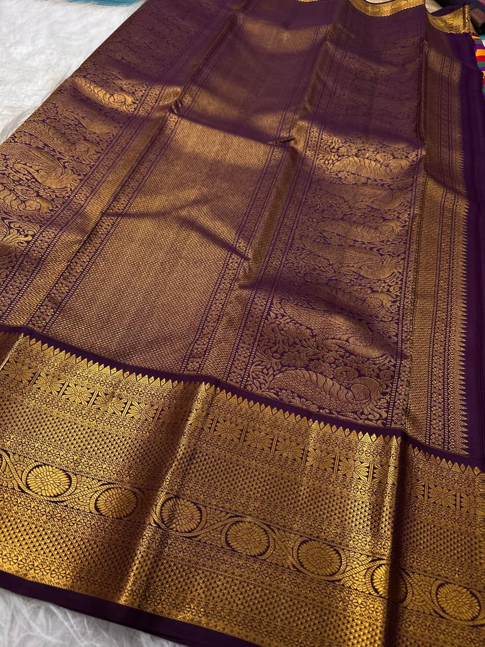 Festival Jewel Checks Handwoven Pure Silk Kanchipuram Kanchi Kattam Saree with Peacock Border – view 6