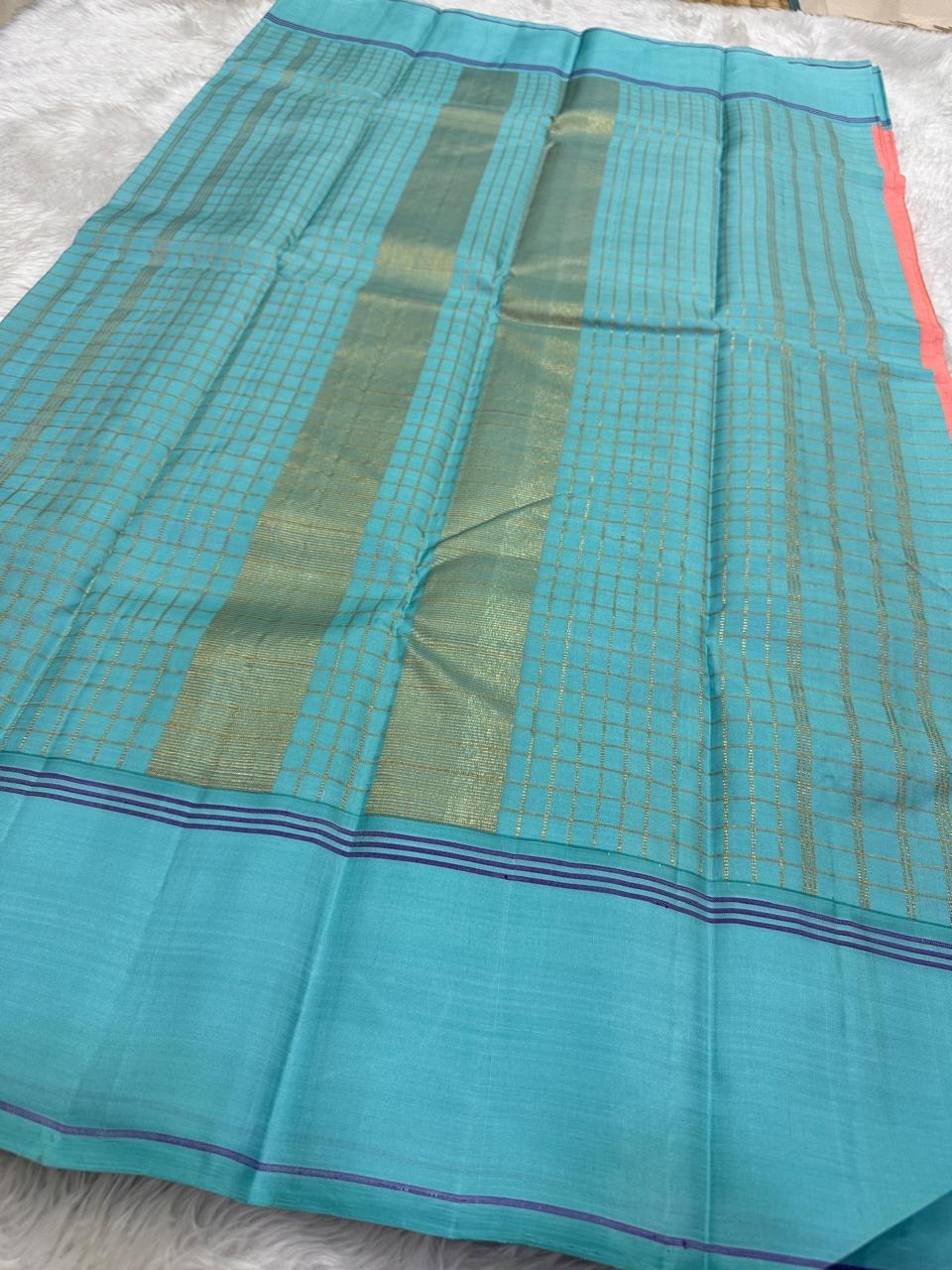 Blush Rose and Aqua Blue Kanchipuram Silk Saree – Zari Kattam Checks Closeup