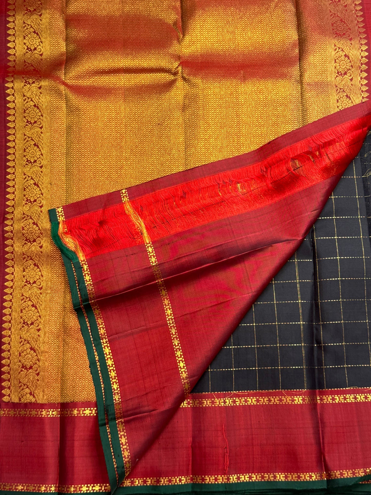 Midnight Black Pure Silk Kanjeevaram Zari Kattam Saree with Muthu Seer Checks – view 3