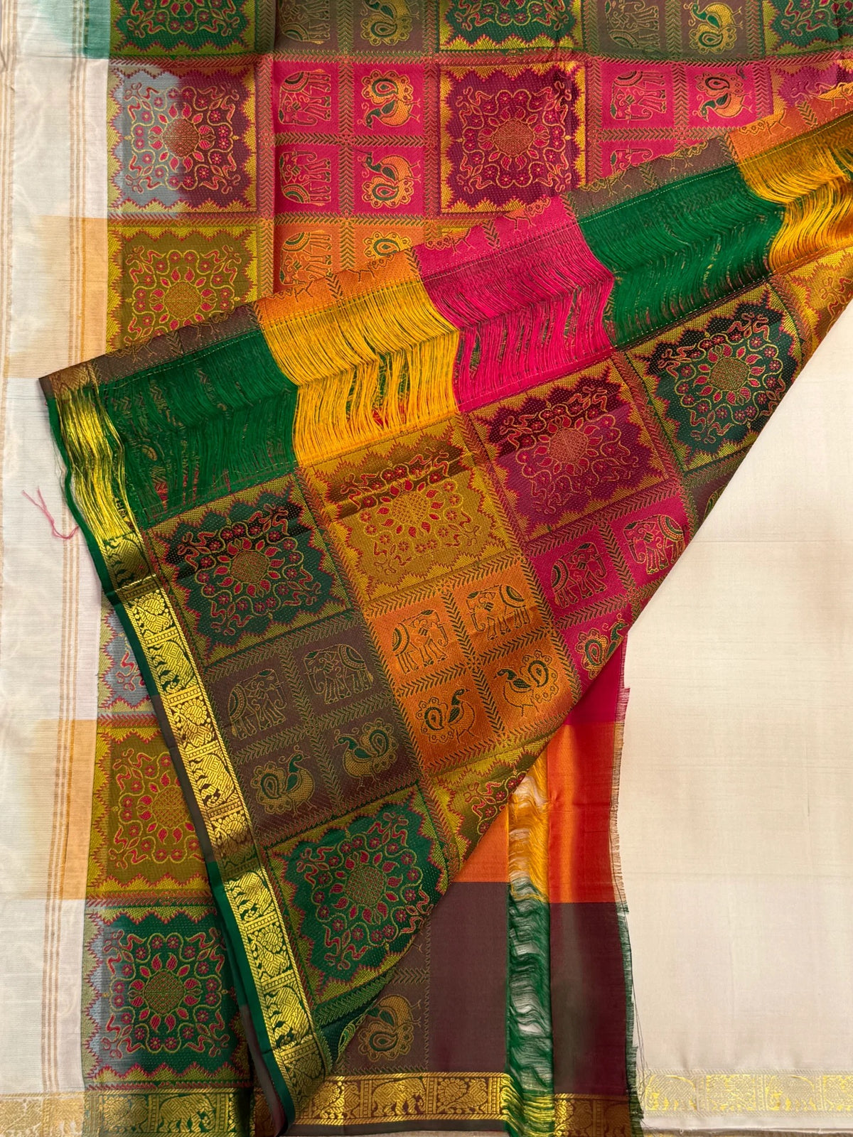Champagne Ivory Pure Silk Kancheepuram Butta Saree with Bomkai-Inspired Grid Pallu – view 1