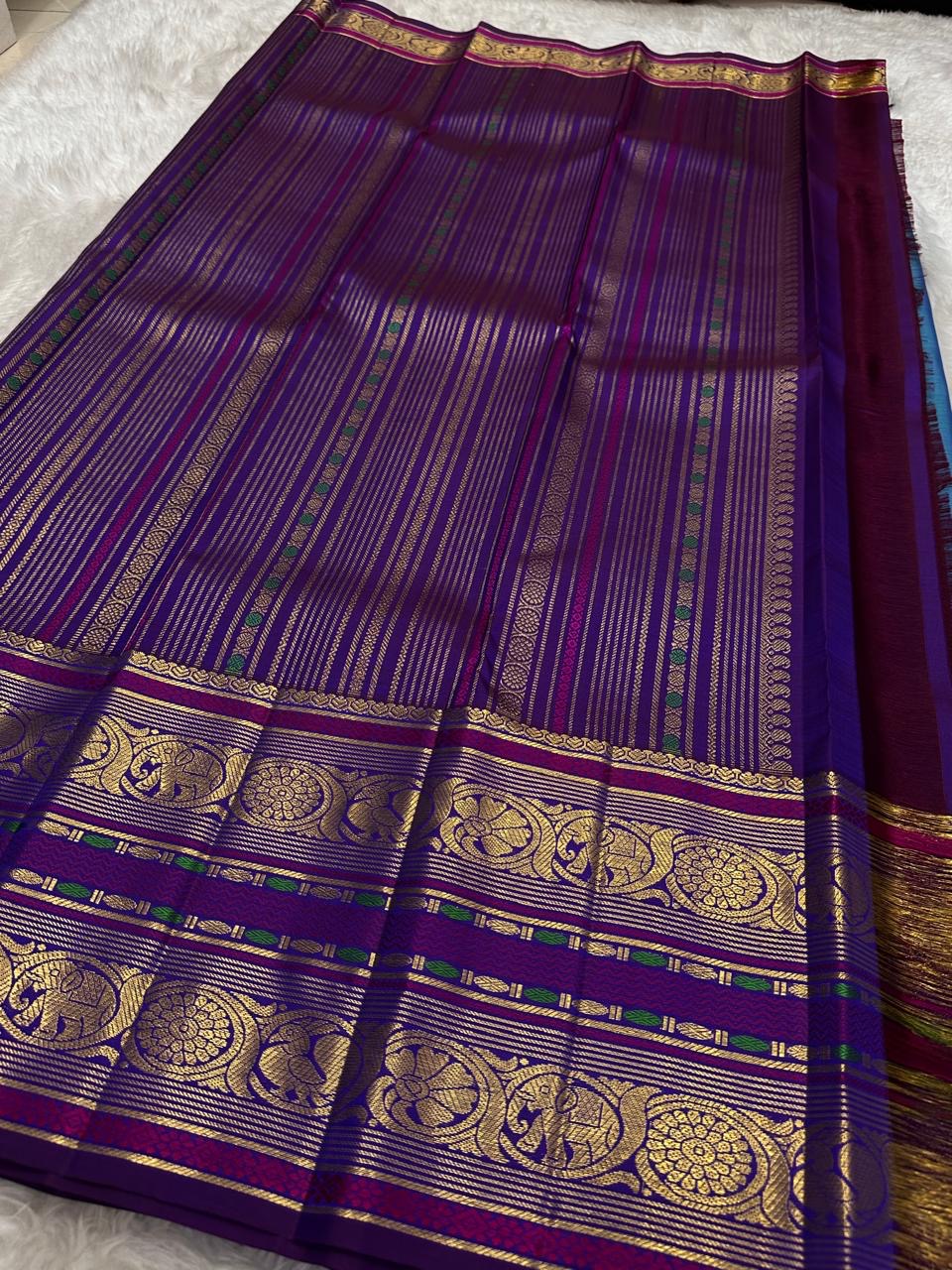 Royal Azure Blue and Orchid Purple Kanchipuram Silk Saree – Zari Border Closeup