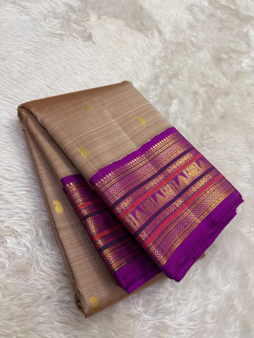 Sandal Taupe and Royal Violet Kanchipuram Silk Saree – Traditional Zari Border Detail