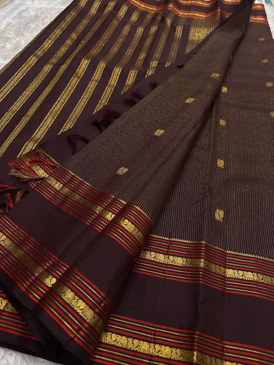 Deep Cocoa Brown and Crimson Red Handwoven Pure Silk Kanchipuram Saree with Oosi Vaanam Rettapet Border
