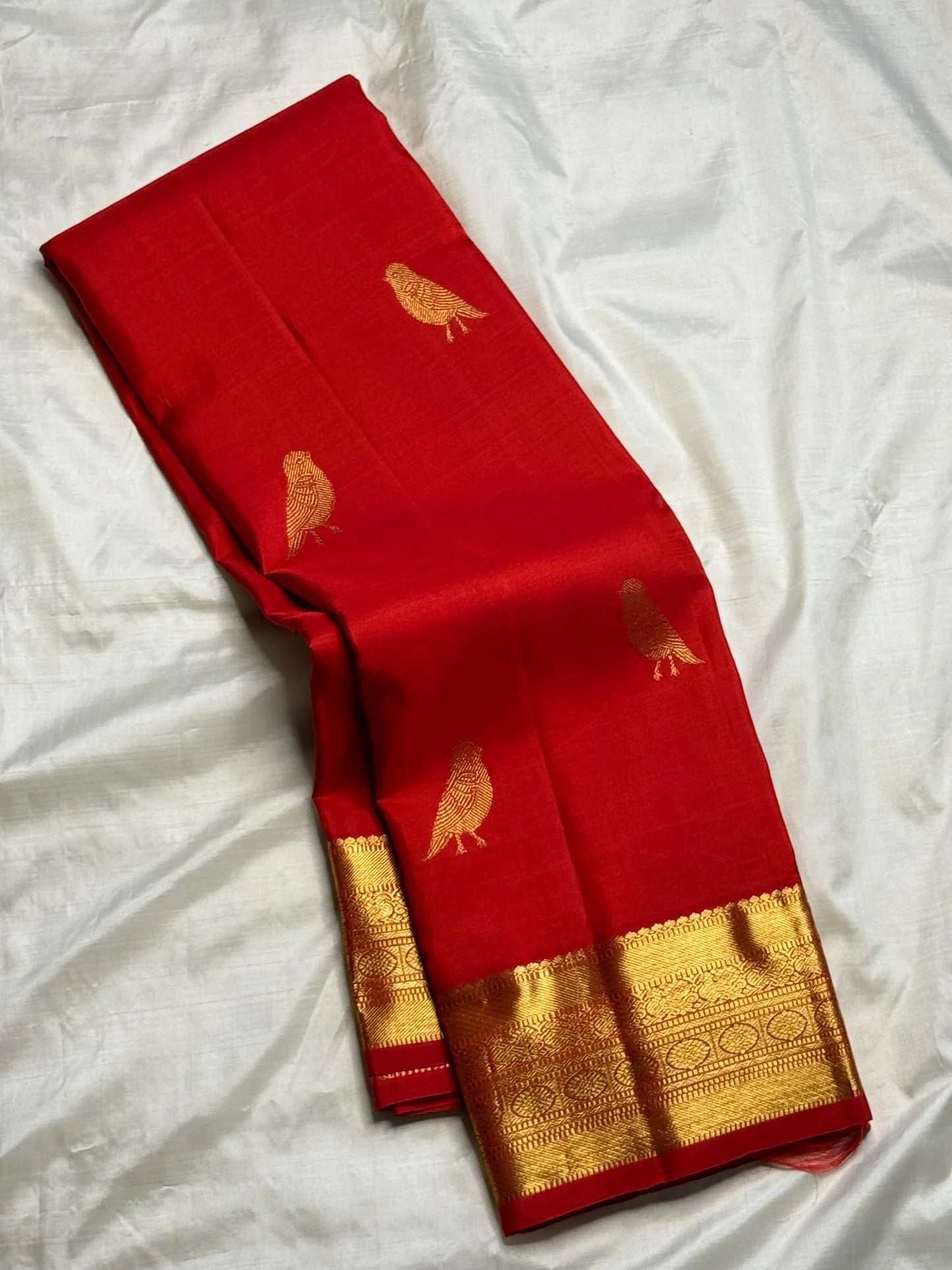 Handwoven vermillion Kanjeevaram silk saree with bird motif buttas – Idam Living