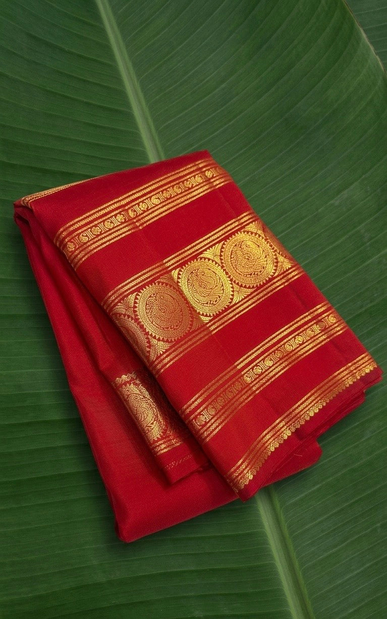 Vermillion Red and Antique Gold Handwoven Pure Silk Kanchipuram Saree with Varisaipet Border