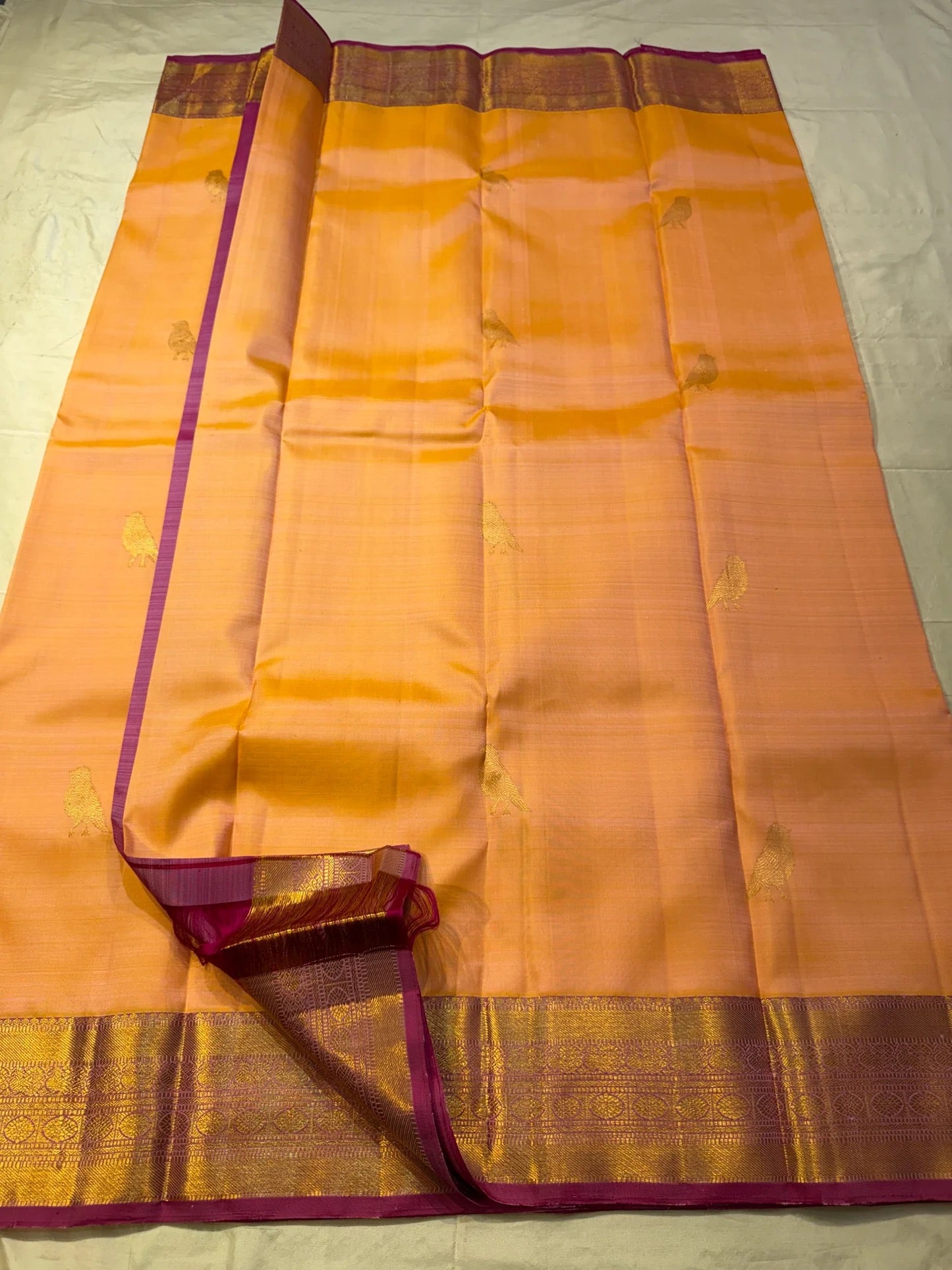Vintage bird-inspired butta on peach Kanjivaram pure silk saree – Idam Living