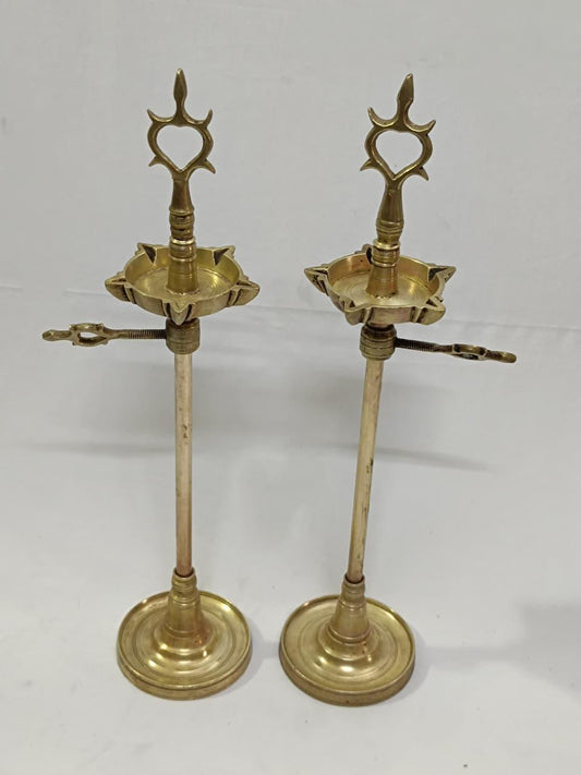 Vintage Solid Brass Kuthuvilakku Pair (19 Inch) – 35 Year Old Dravidian Temple Style South Indian Oil Lamps