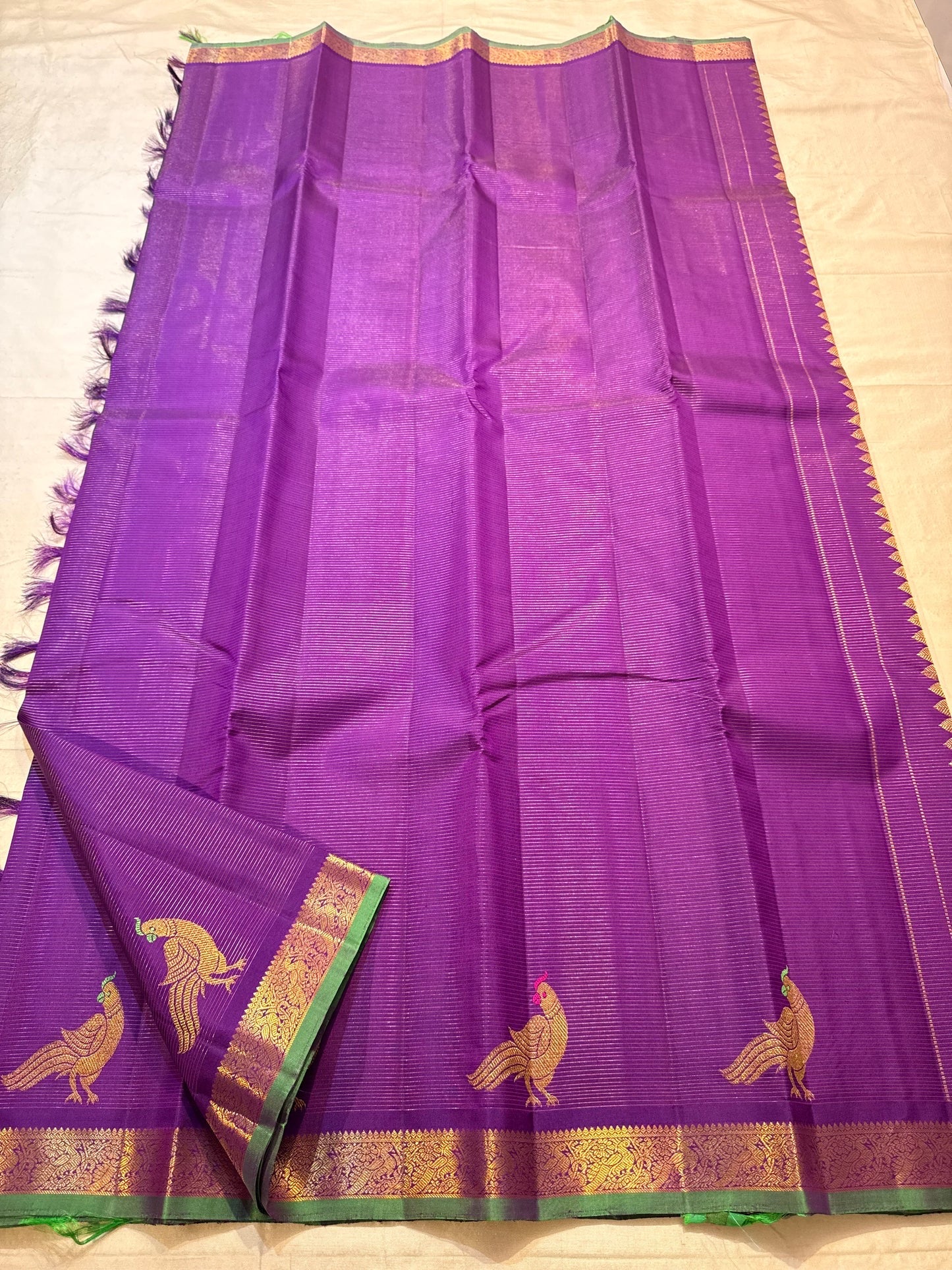 Vairaoosi Kanjipuram saree border with Meenakari peacock gold zari motif
