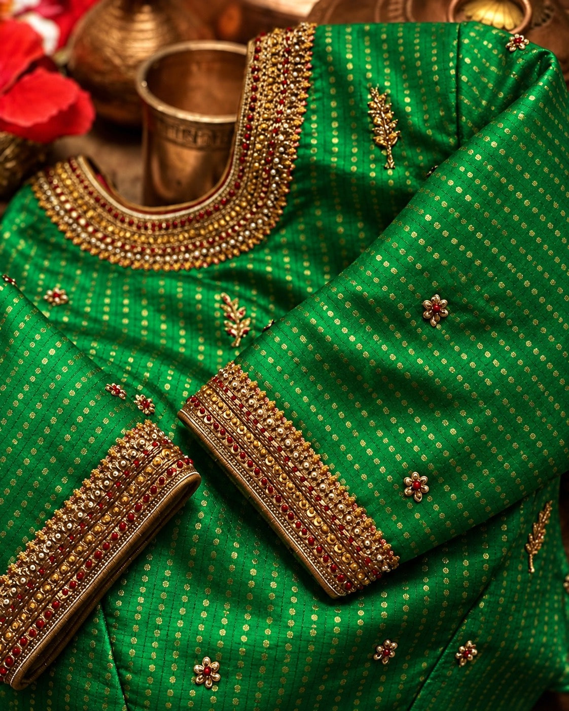 Custom blouse fabric styling concept to complement the Rani Pink Pure Silk Kanchipuram Zari Kattam saree.