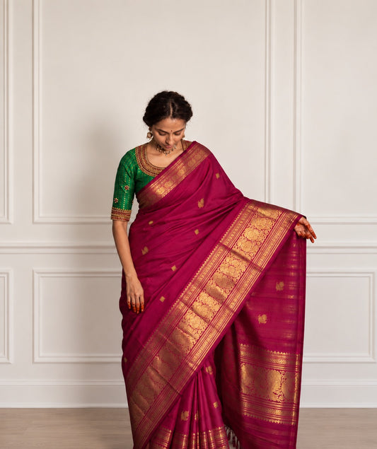 Custom blouse design concept for the Rani Pink Pure Silk Kanchipuram Zari Kattam saree, paired with the Maanga gold border and Karum Pachai selvedge.